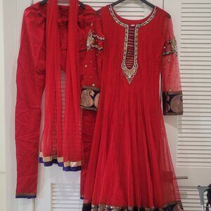 EUC India Wedding Guest Top Pants Stole Red Gold Silver Bead Work Medium Size